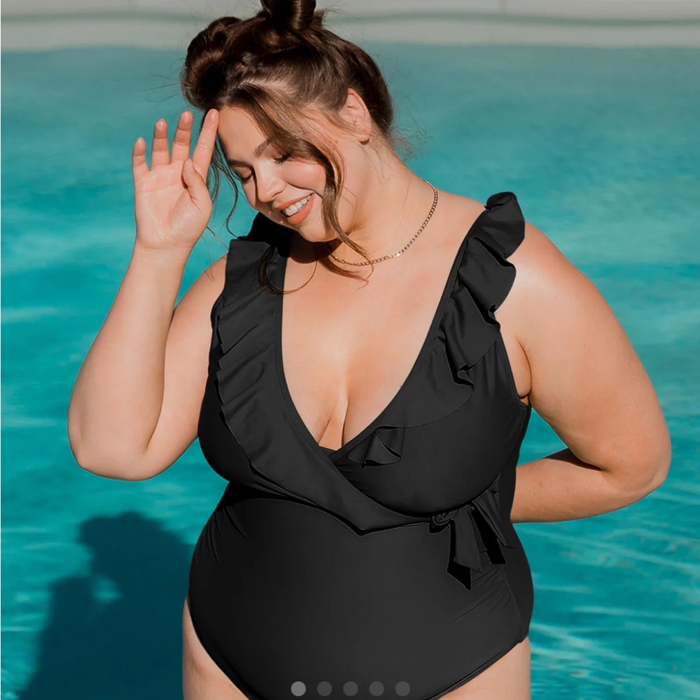 Kindred Bravely Black Ruffle Wrap Maternity & Nursing One Piece Swimsuit